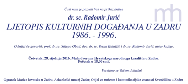 Predstavljanje knjige ''Ljetopis kulturnih događanja u Zadru 1986. – 1996.''